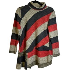 Trisha Tyler Gray Red Cowl Neck Sweater with Asymmetrical Stripes Side Ruching M